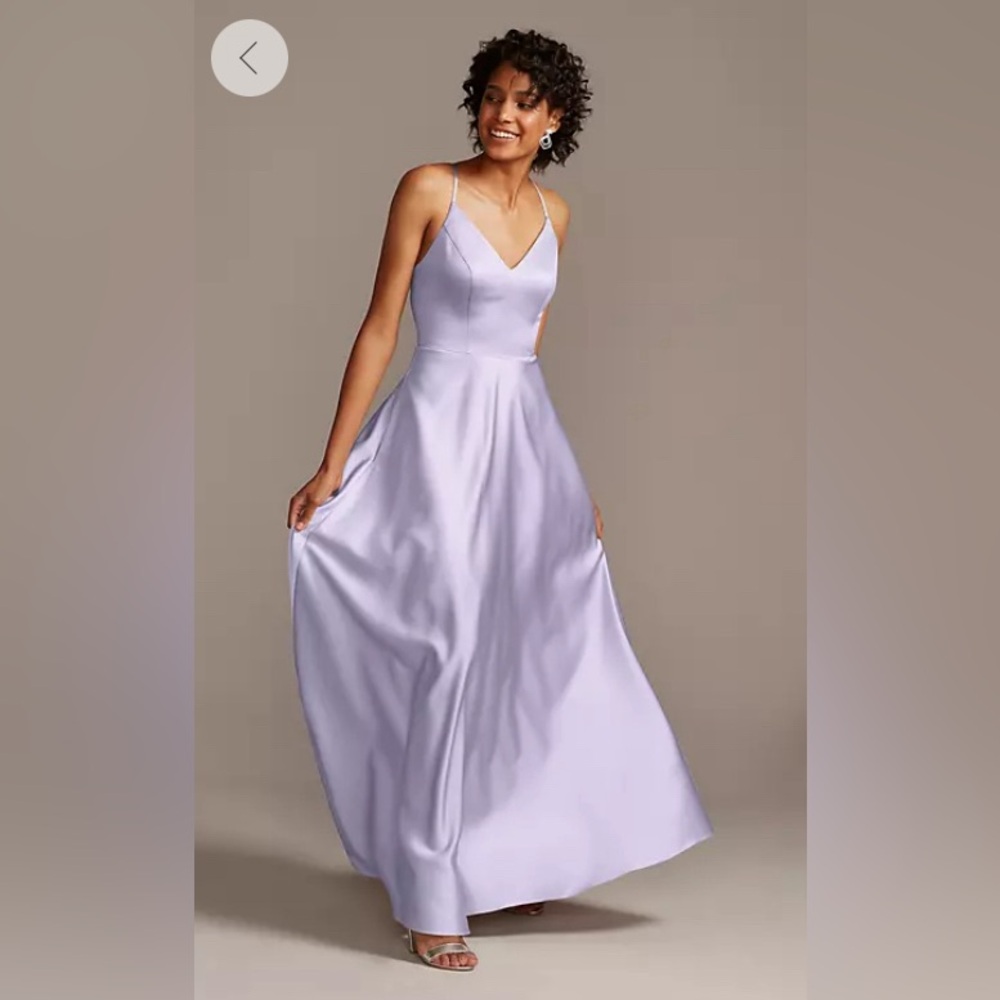 David’s Bridal spaghetti strap satin A-line dress, size 10 with D cups
